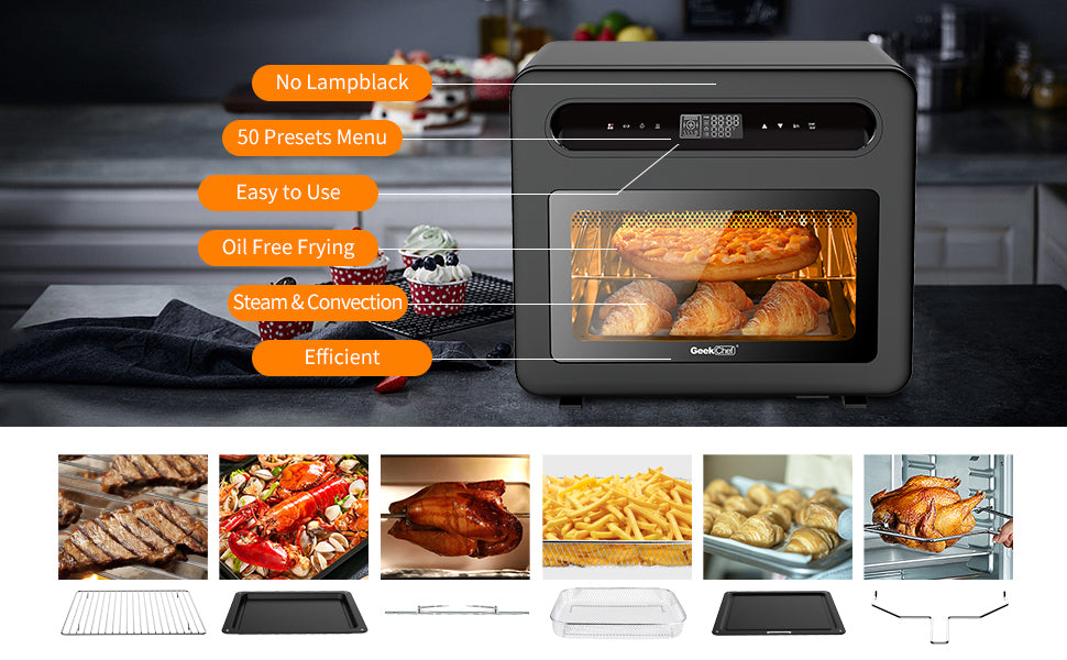 Steam Convection Oven with Air Fryer and Toast Function, 26 QT Capacity, Black Stainless Steel