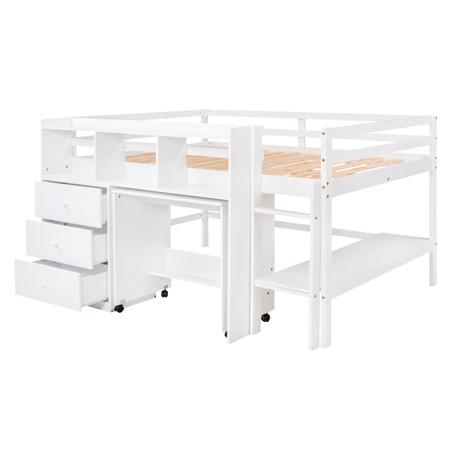 Full Size Low Loft Bed with Rolling Portable Desk, Drawers and Shelves, White(: GX000711AAK)