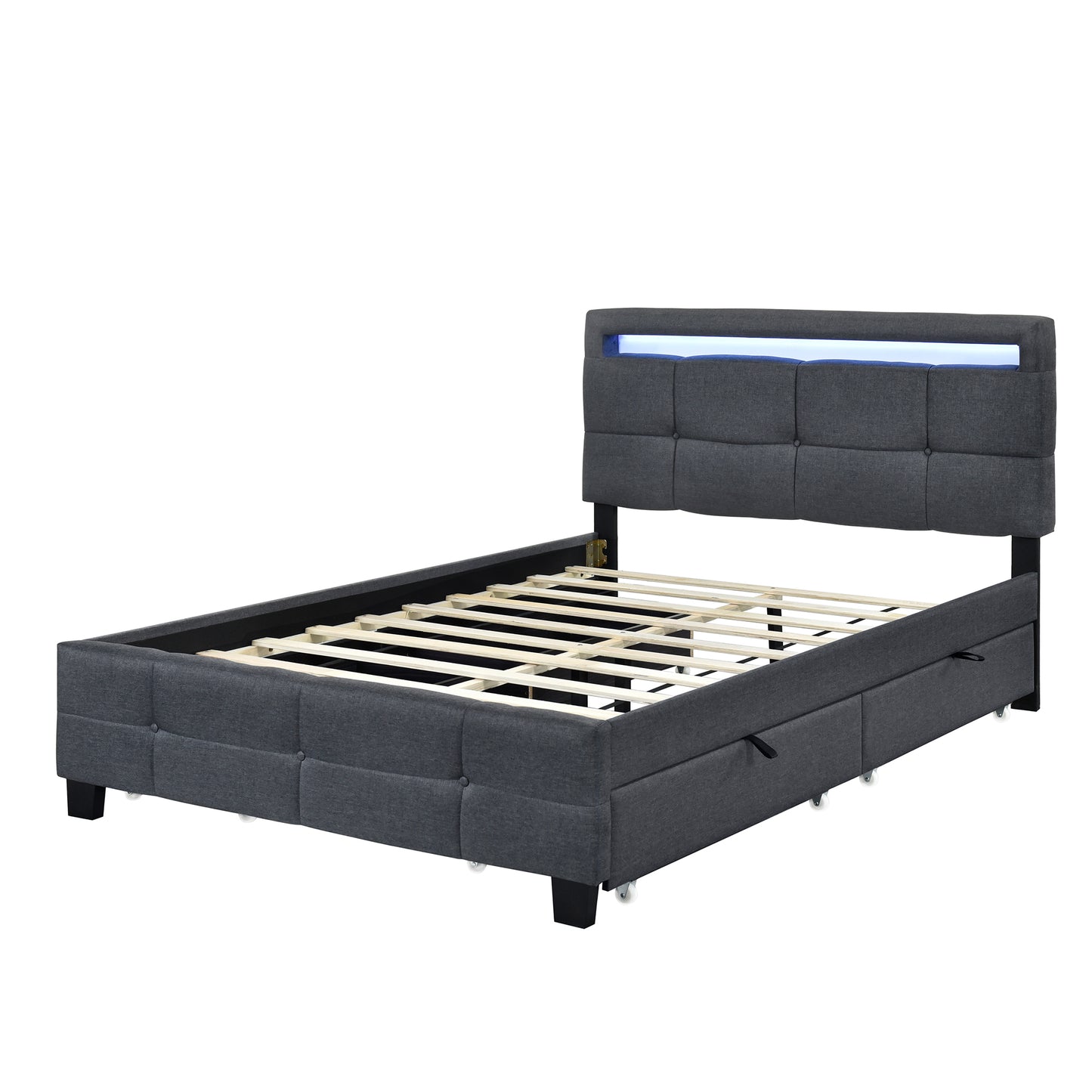 Full Size Upholstered Platform Bed with LED Frame and 4 Drawers, Linen Fabric, Gray