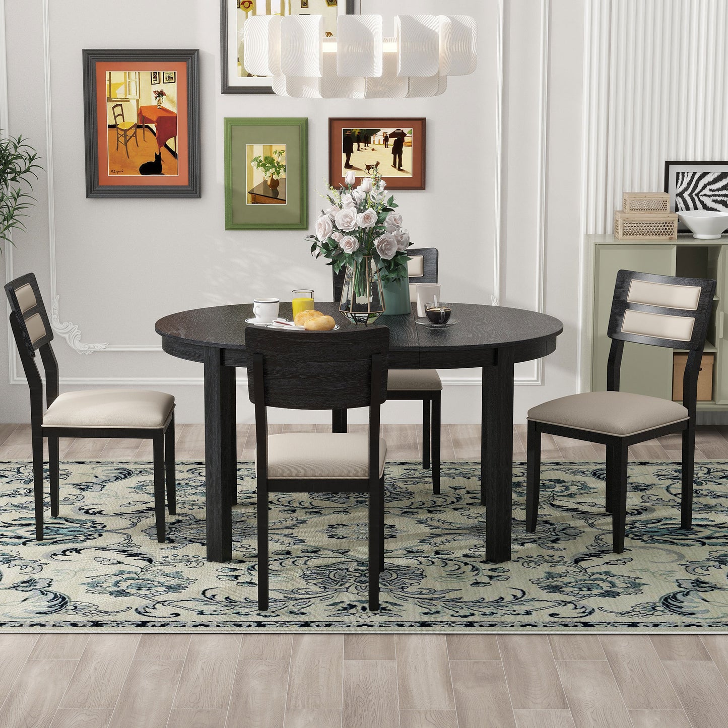 TREXM 5-Piece Multifunctional Dining Table Set, Farmhouse Dining Set with Extendable Round Table,Two Small Drawers and 4 Upholstered Dining Chairs for Kitchen and Dining Room (Black)