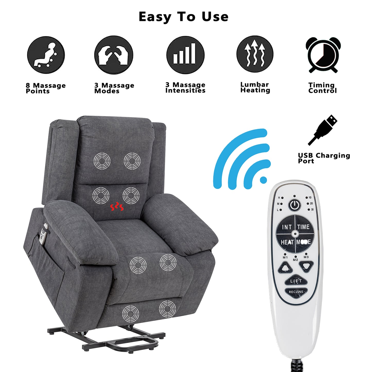 Electric Power Recliner Chair With Massage, Lumbar Heating, and Multi-function Lift, Adjustable Angle and Side Pocket