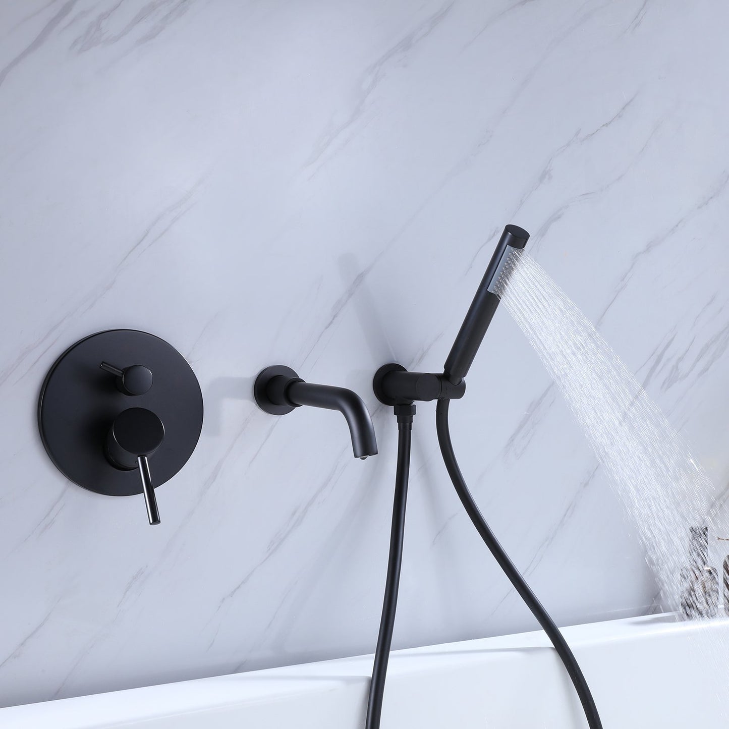 Black Matte 2-Handle Wall Mount Rain Mixer Shower Faucet with Hand Shower