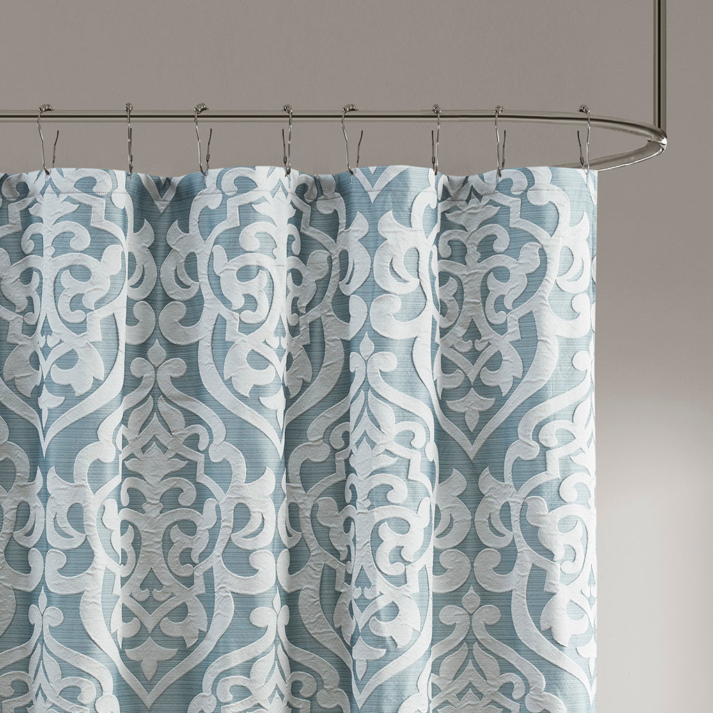 Luxurious Aqua and Silver Damask Medallion Jacquard Shower Curtain