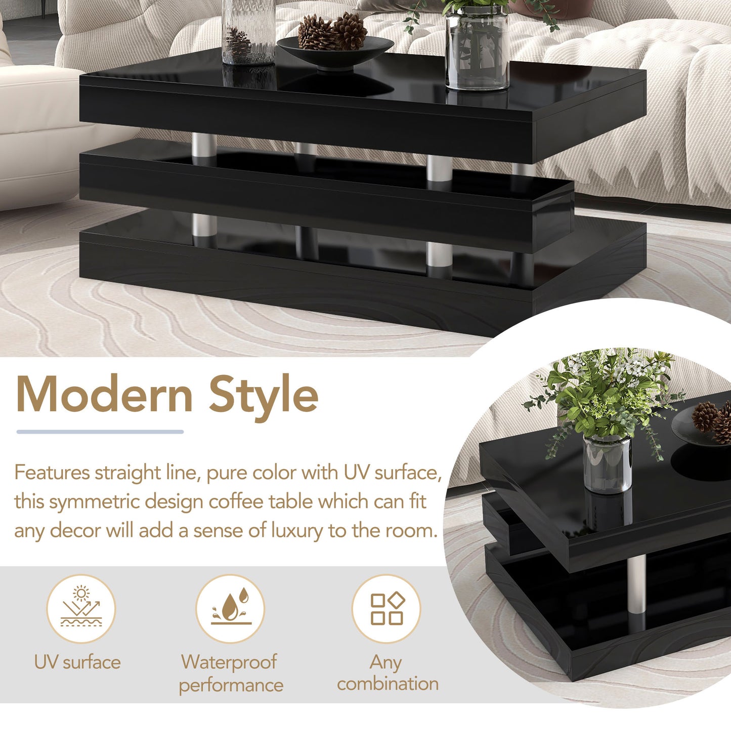 Black Contemporary 2-Tier Coffee Table with Sleek Metal Legs and High-Gloss UV Surface