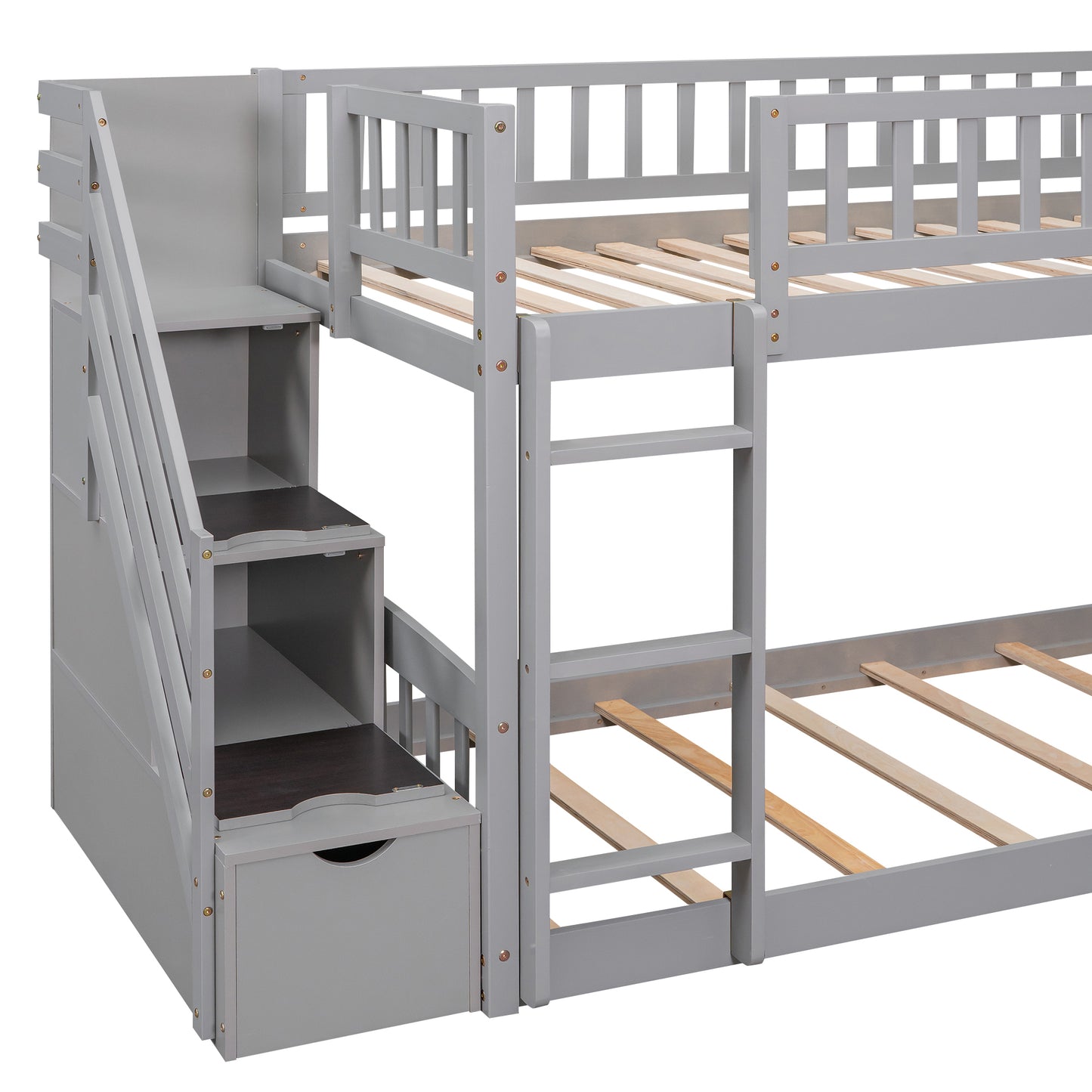 Stairway Twin Bunk Bed with Slide, Drawers, and Gray Finish