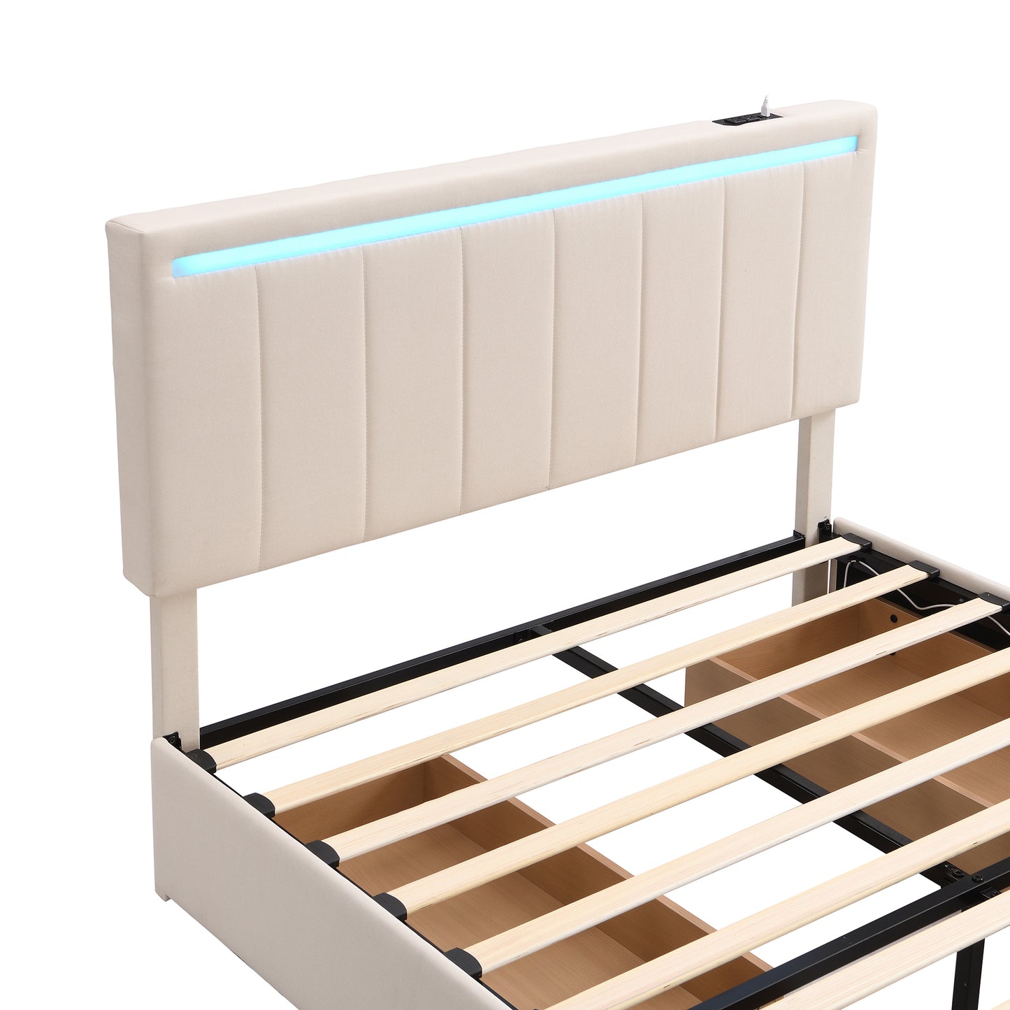 Full Size Upholstered Bed with LED Light and 4 Drawers,  Modern Platform Bed with a set of Sockets and USB Ports, Linen Fabric, Beige