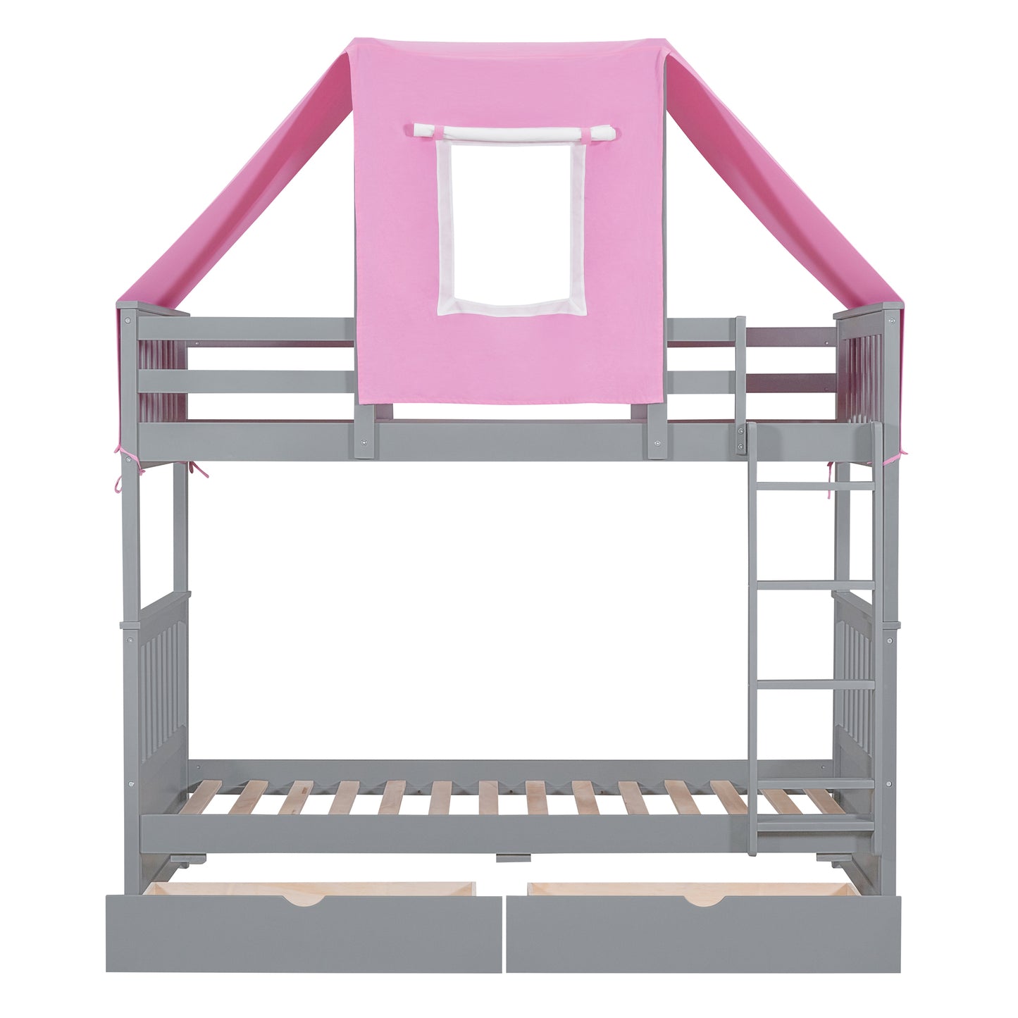 Gray and Pink Twin Over Twin Bunk Bed with Tent and Drawers for a Playful Bedroom Environment