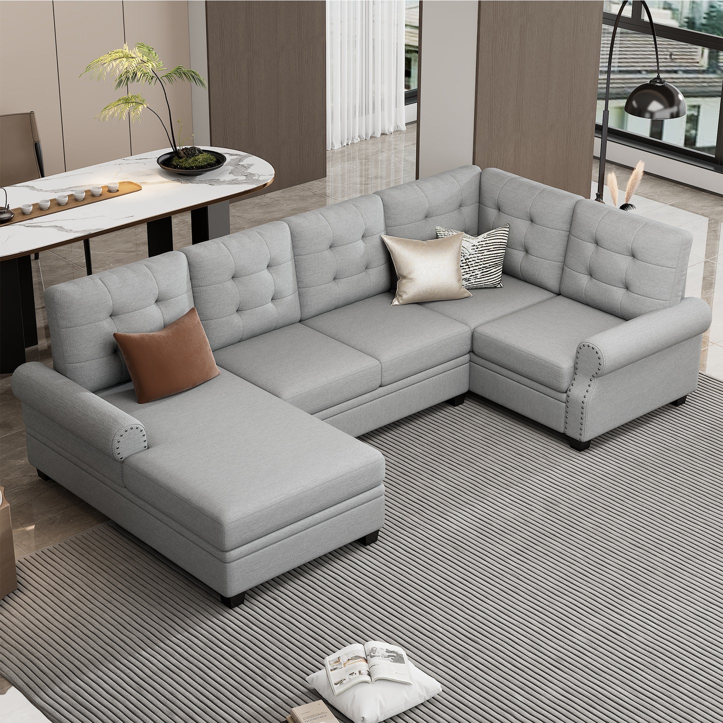 Luxe Gray U-Shaped Sectional Sofa with Tufted Backrest and Plush Comfort