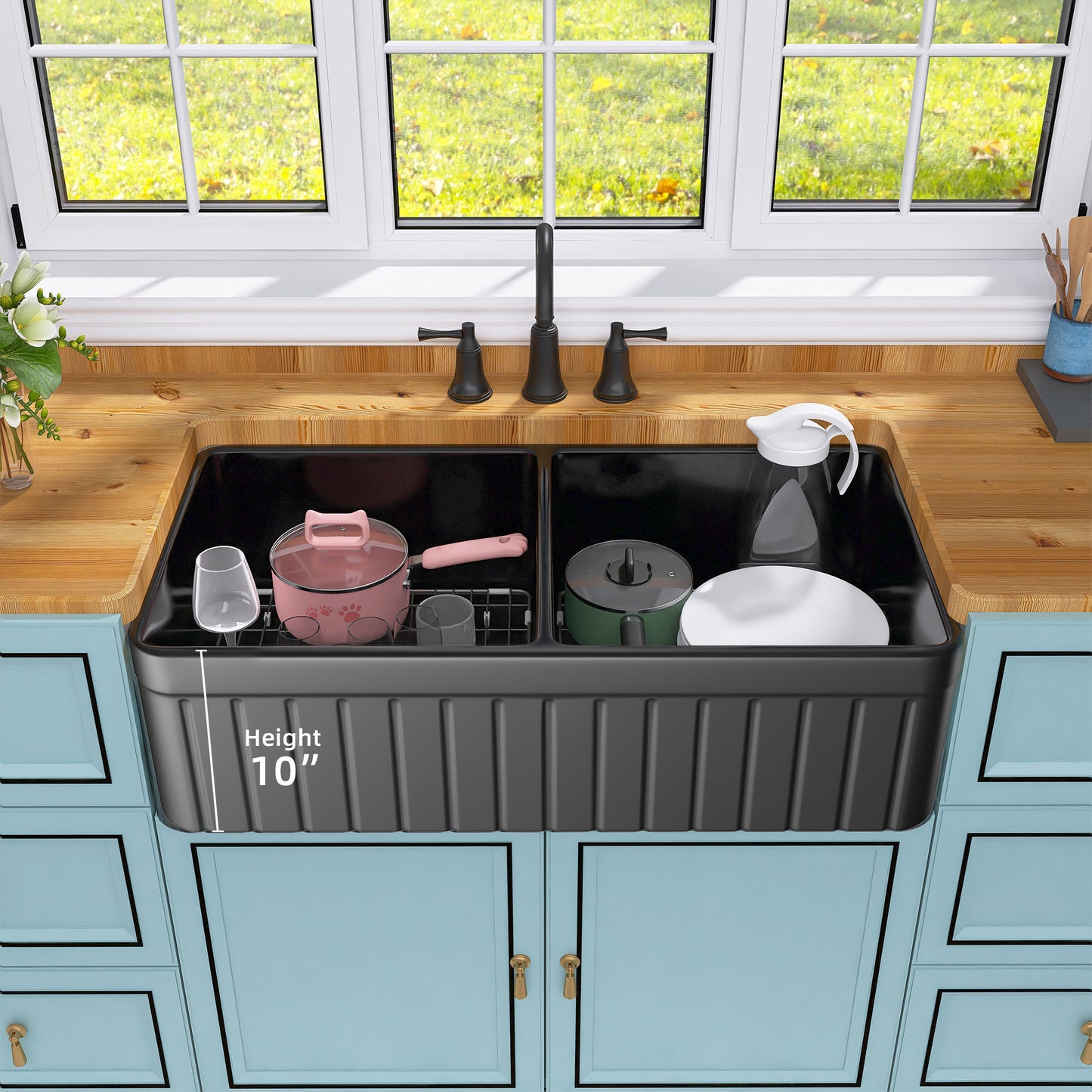 Black Double Bowl Fireclay Farmhouse Kitchen Sink