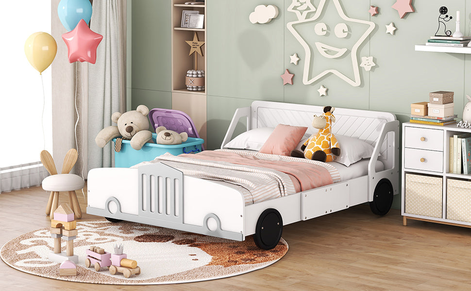 Full Size Car-Shaped Platform Bed with Wheels,White