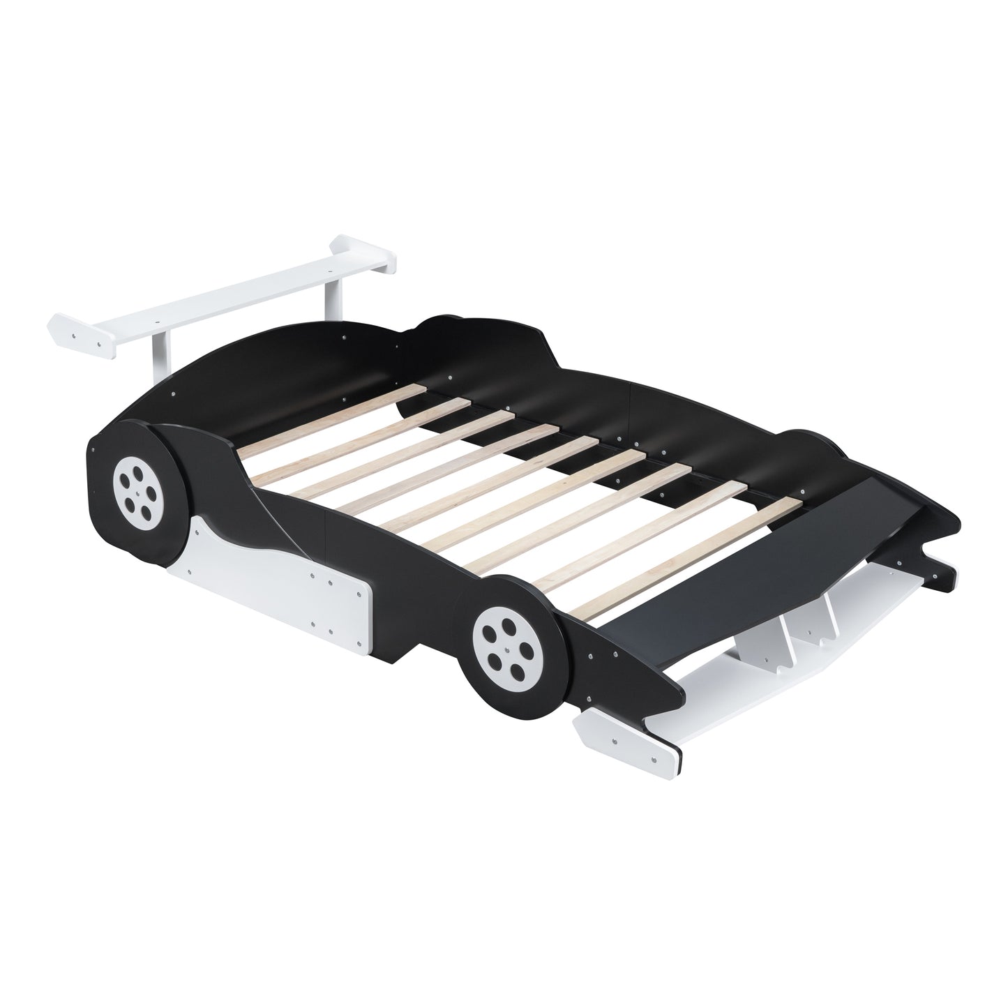 Full Size Race Car-Shaped Platform Bed with Wheels,Black