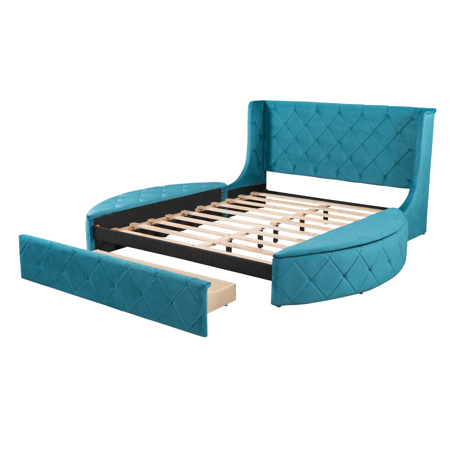 Upholstered Platform Bed Queen Size Storage Velvet Bed with Wingback Headboard and 1 Big Drawer,2 Side Storage Stool(Blue)