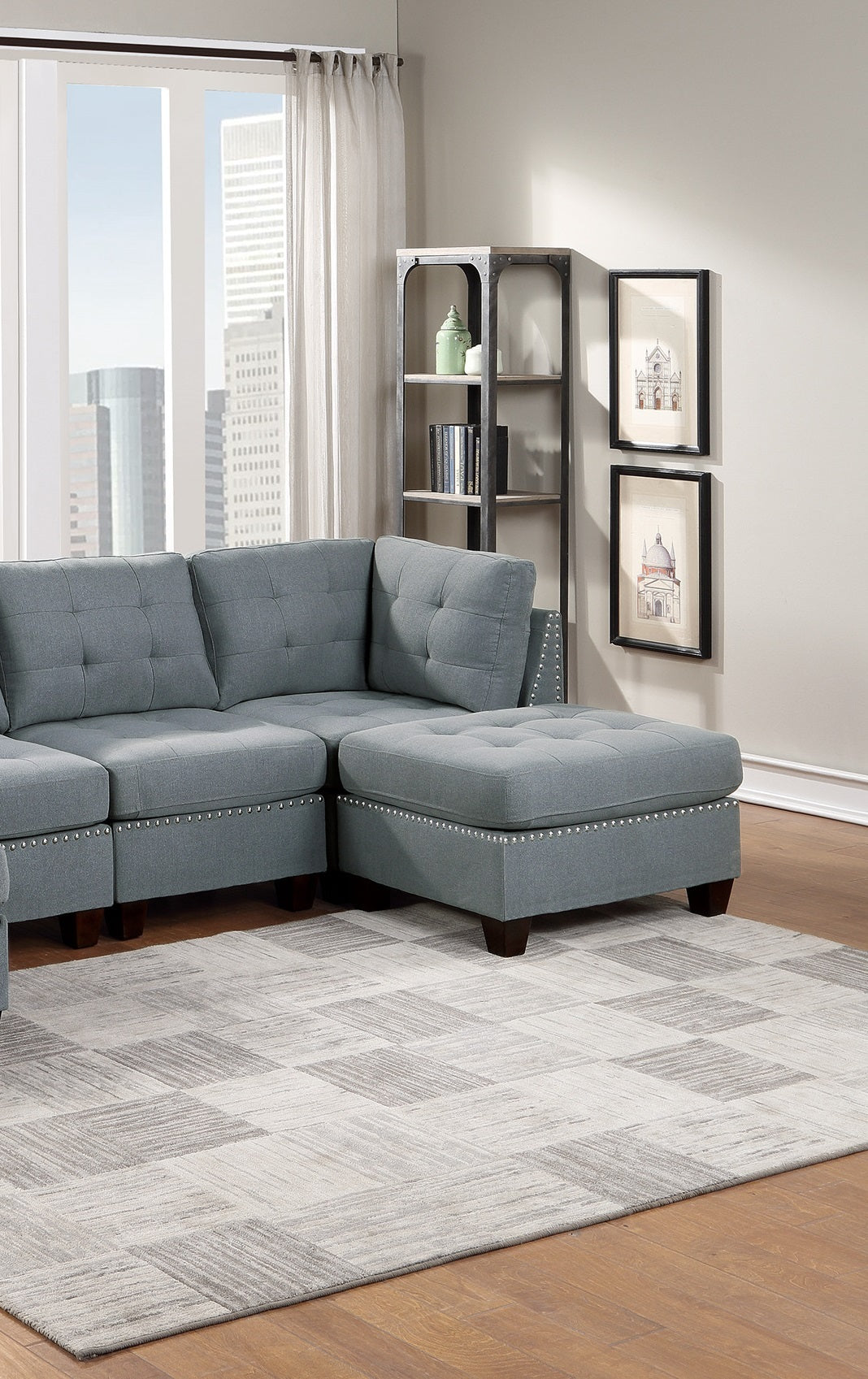 6-Piece Gray Modular Sectional Living Room Furniture Set with Tufted Nailhead Details