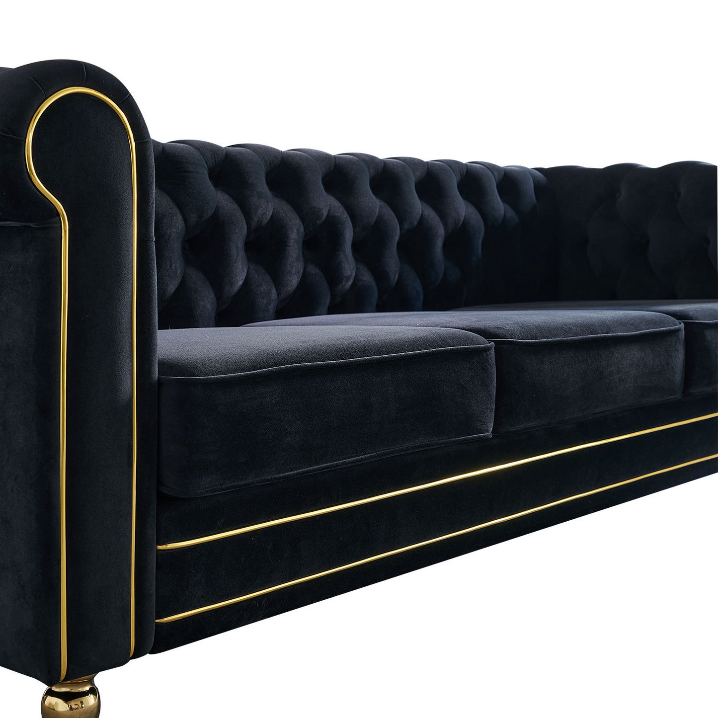 Chesterfield Velvet Sofa 84.65 inch for Living Room Black Color