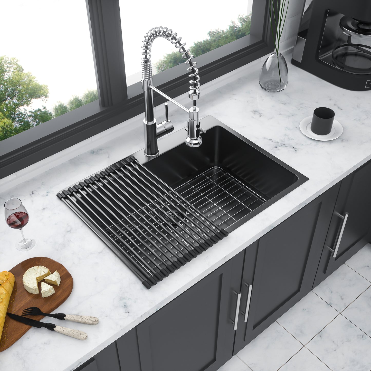 Gunmetal Black Topmount Stainless Steel Kitchen Sink 33x22 inch Radius 10 Gauge Single Bowl Sink