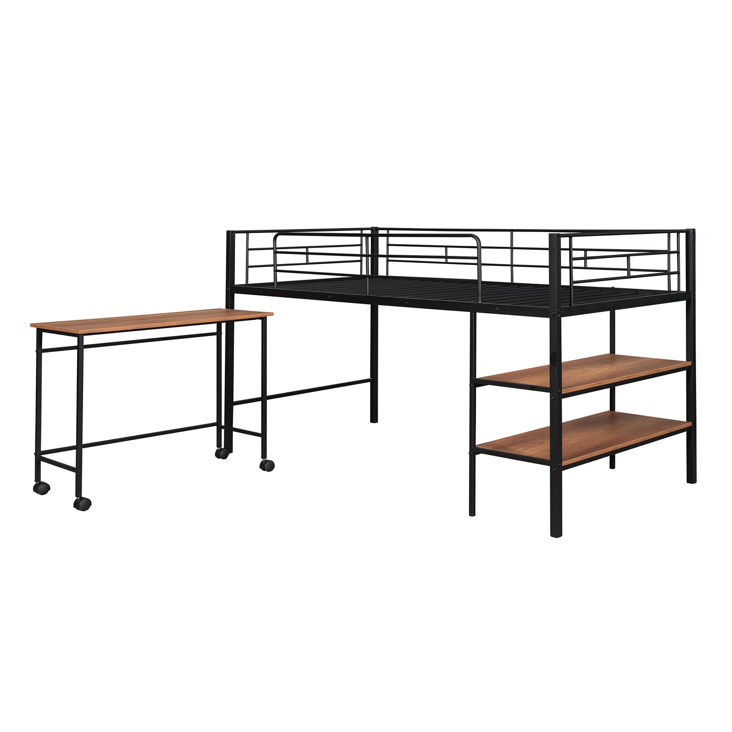 Twin Size Metal Loft Bed with Desk and Shelves,Black