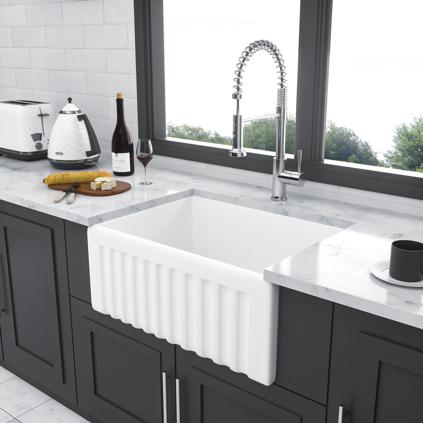 White Ceramic Farmhouse Kitchen Sink with Apron Style