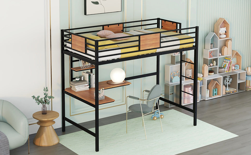 Twin Metal Loft Bed with Desk and Shelve,Black