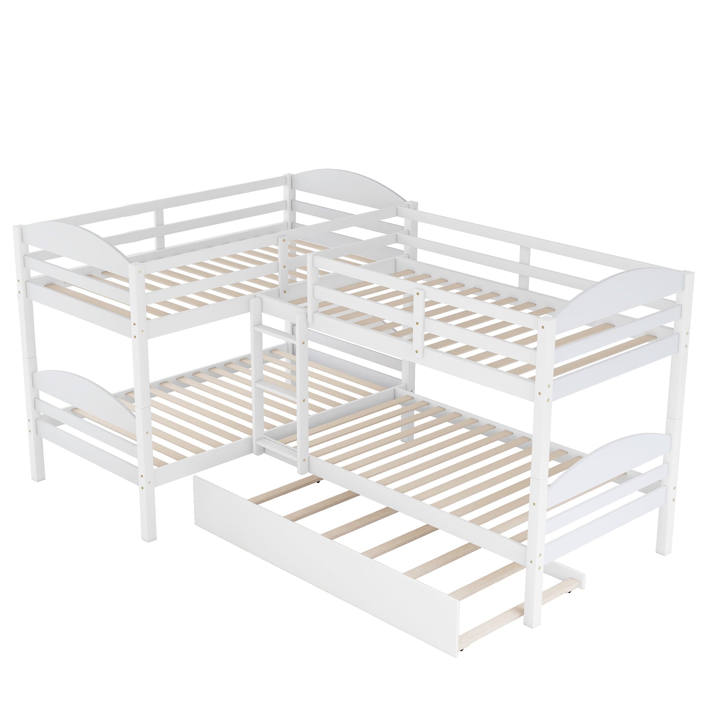 L-Shaped Bunk Bed with Trundle and Three Twin Size Beds