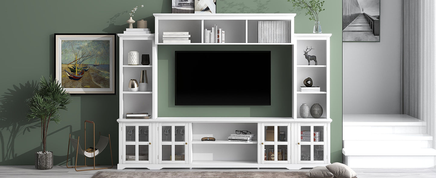 Modern White Entertainment Wall Unit with Bridge and Tempered Glass Door for TVs Up to 70