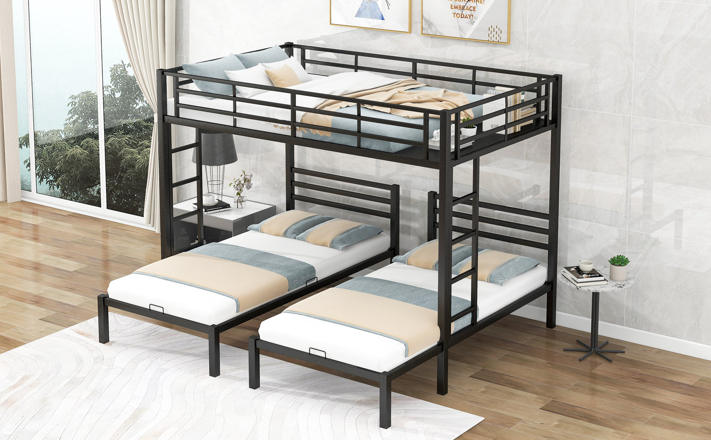 Black Metal Bunk Bed with Built-in Shelf for Twin & Full Size