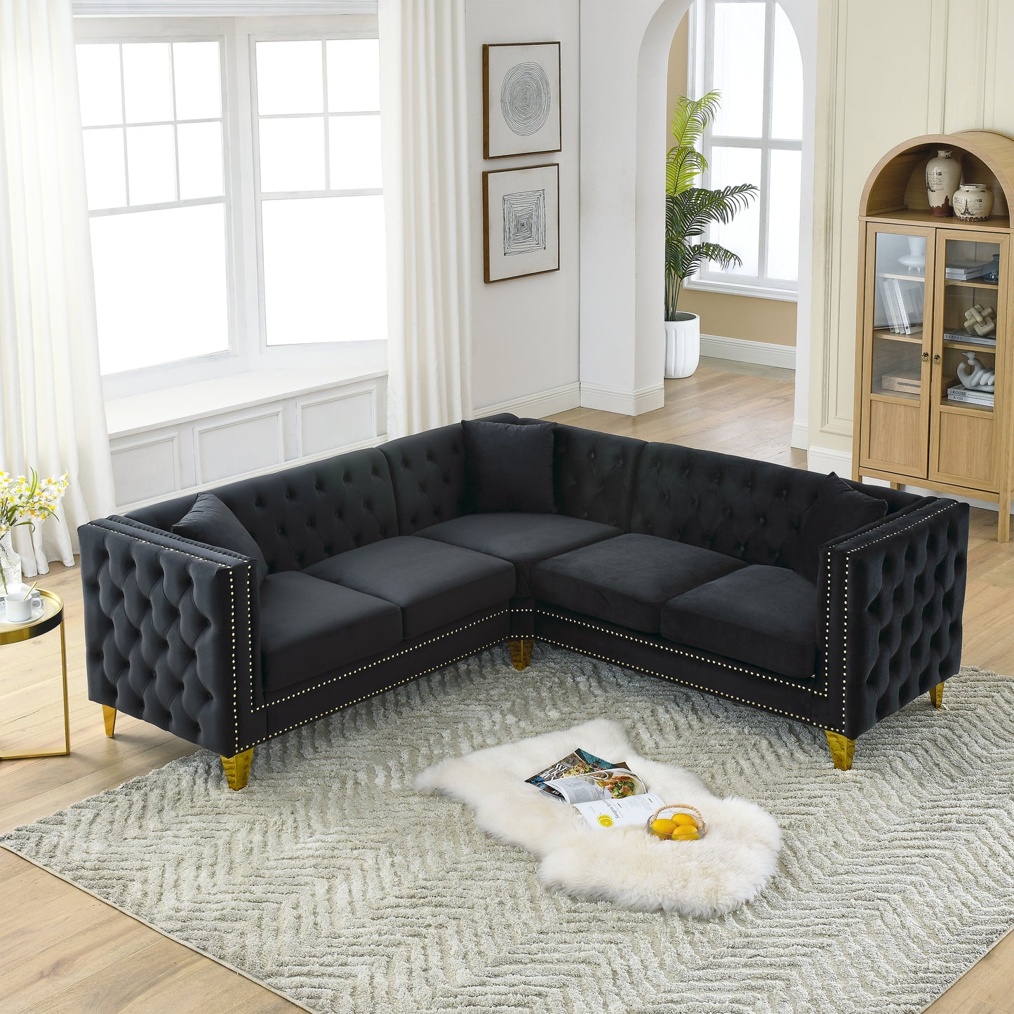 82.2-Inch Velvet L-Shaped Corner Sofa with Nailhead Trim and Solid Wood Frame