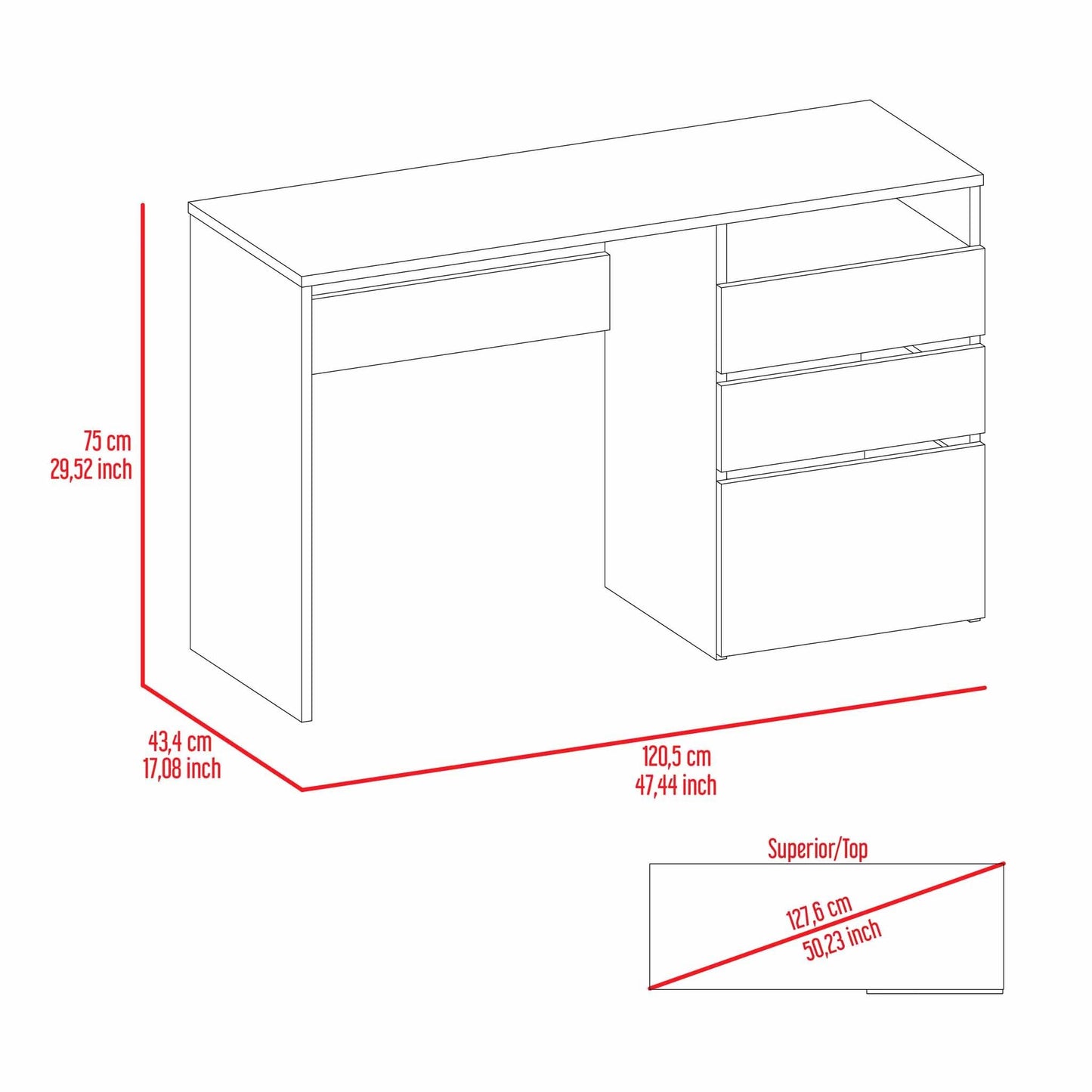 Waterbury Compact Computer Desk with 3 Drawers in Light Grey