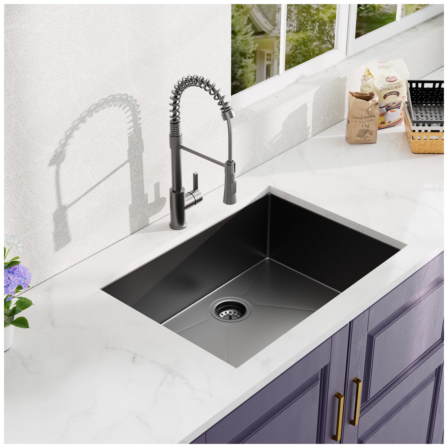 Gunmetal Black Stainless Steel Kitchen Sink Set with Spring Neck Faucet - 27 inches