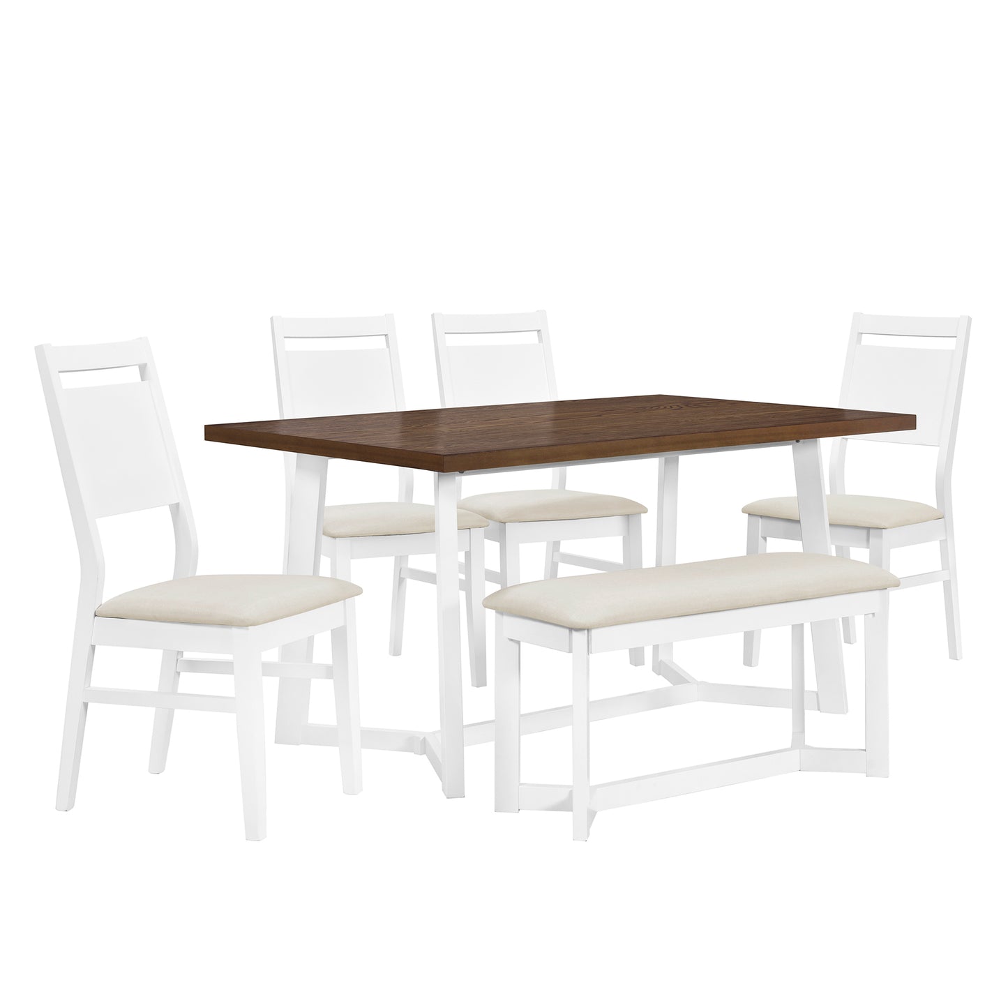 Farmhouse 6-Piece Wood Dining Table Set with 4 Upholstered Chairs and Bench, White