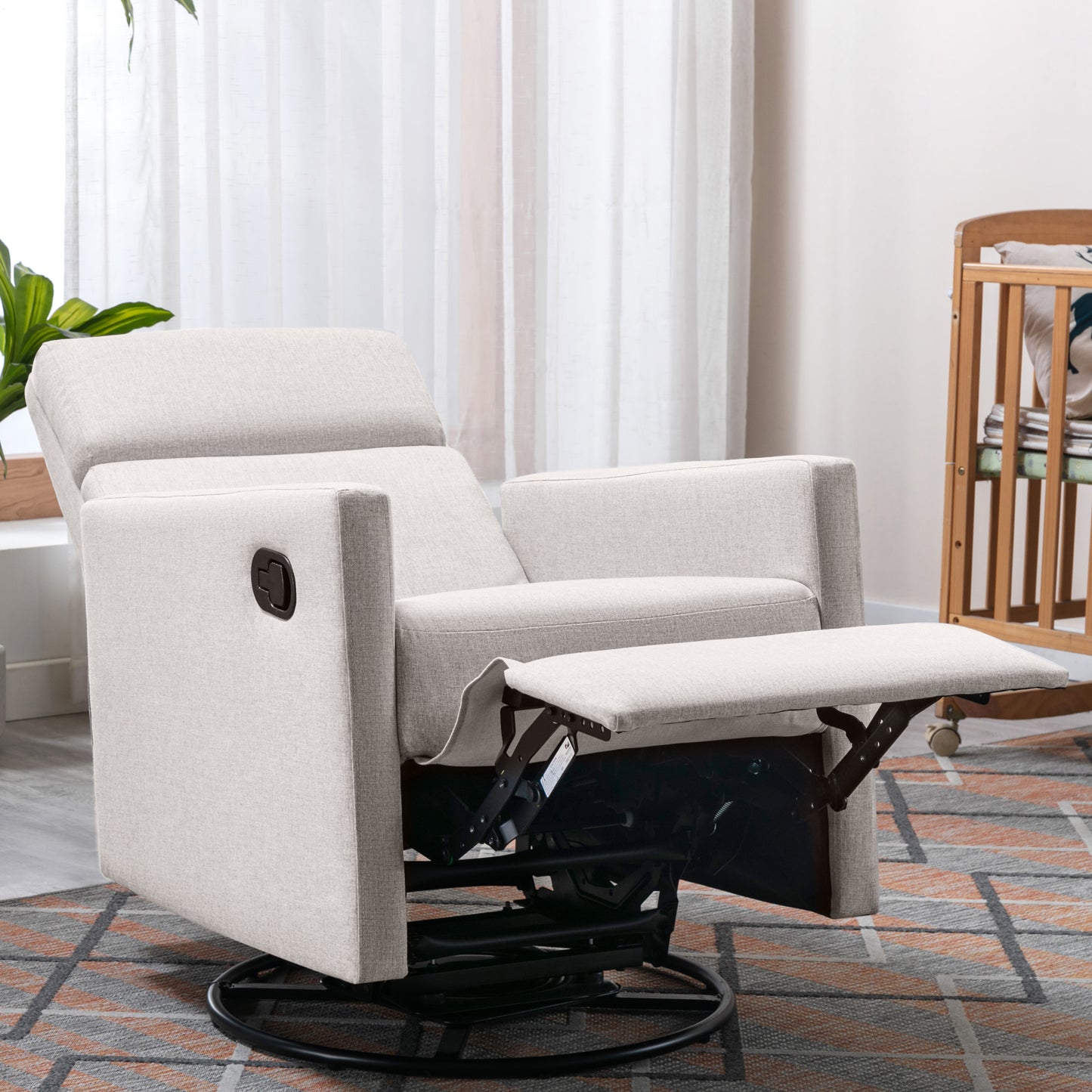 Modern Tan Upholstered Nursery Rocker Chair with Swivel Recliner