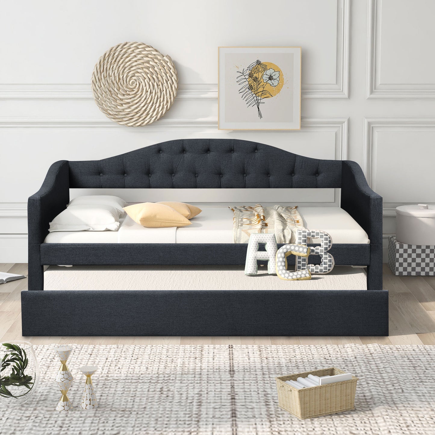 Upholstered Twin Size Daybed with Trundle, Dark Gray