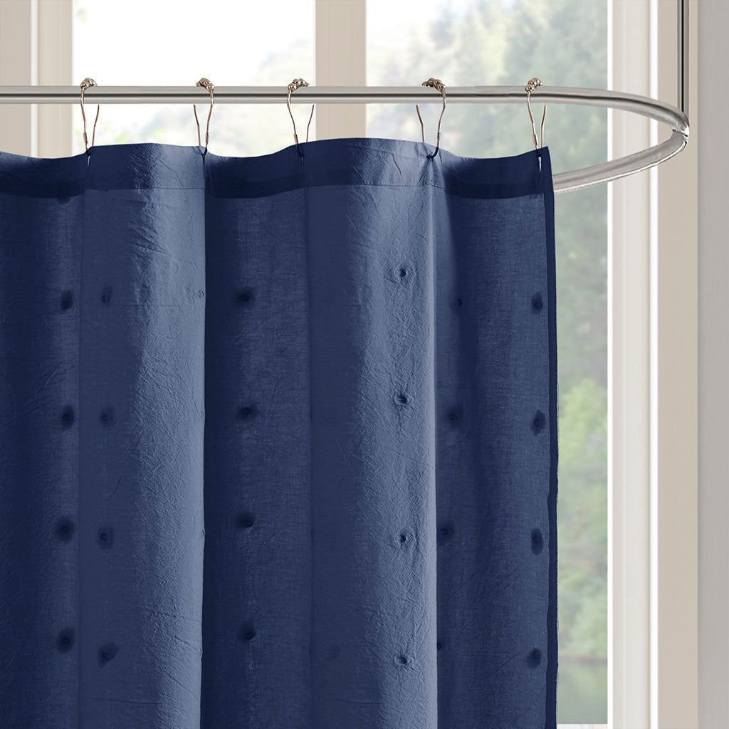 Indigo Blue Cotton Shower Curtain with Pompom Detail