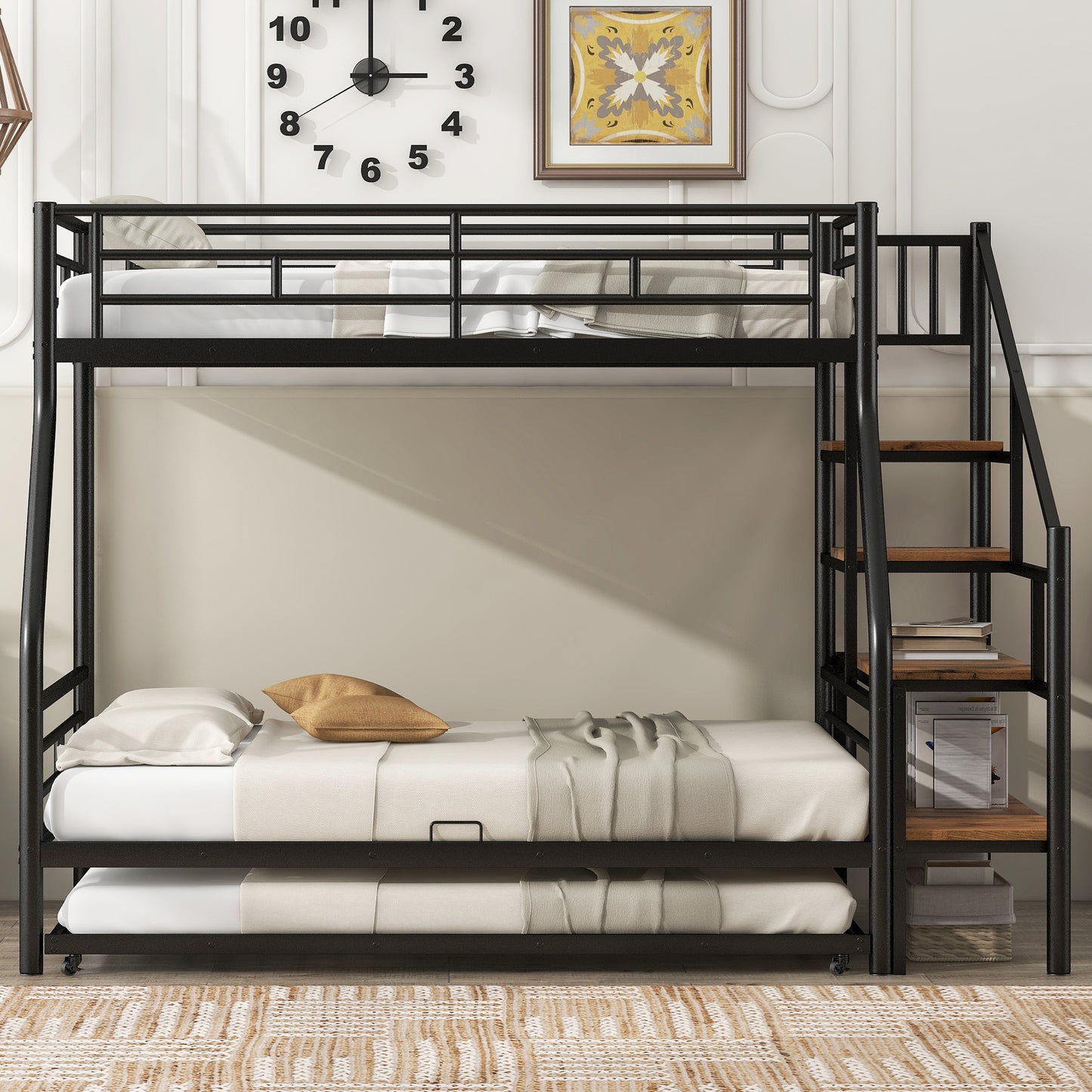 Black Metal Bunk Bed with Storage Staircase and Trundle - Twin over Full Size