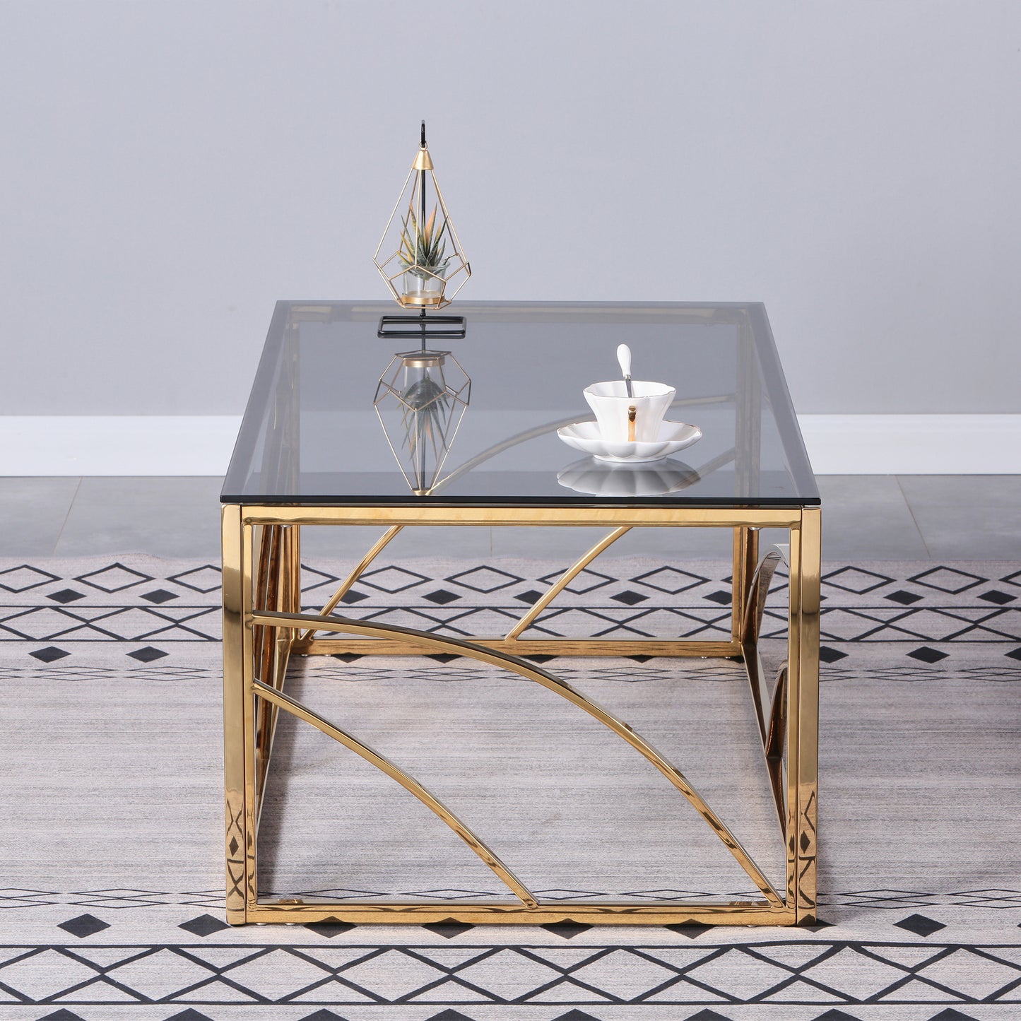 Elegant Gold Stainless Steel and Blue Gray Glass Coffee Table for Modern Living Room