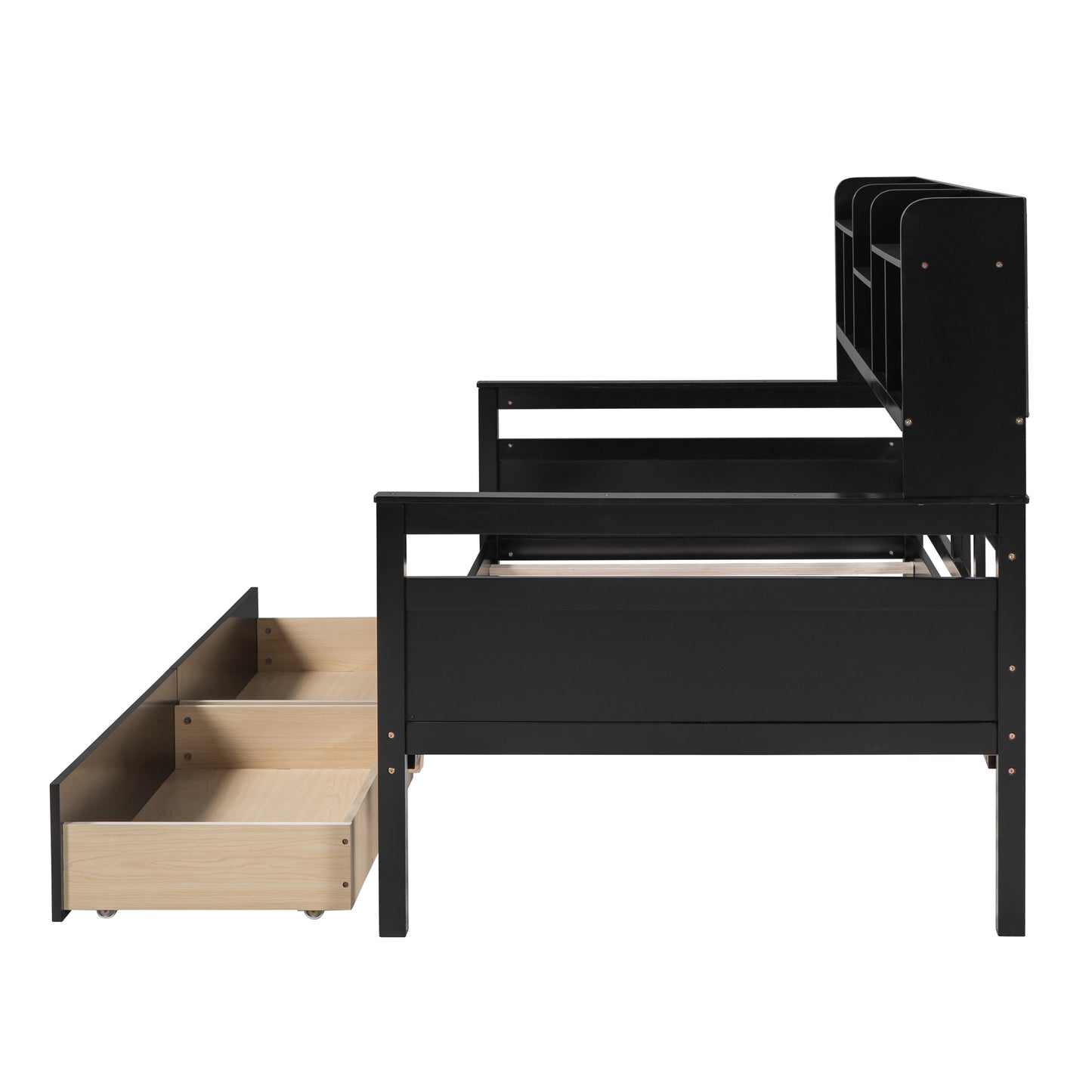 Twin size Daybed, Wood Slat Support, with Bedside Shelves and Two Drawers, Espresso