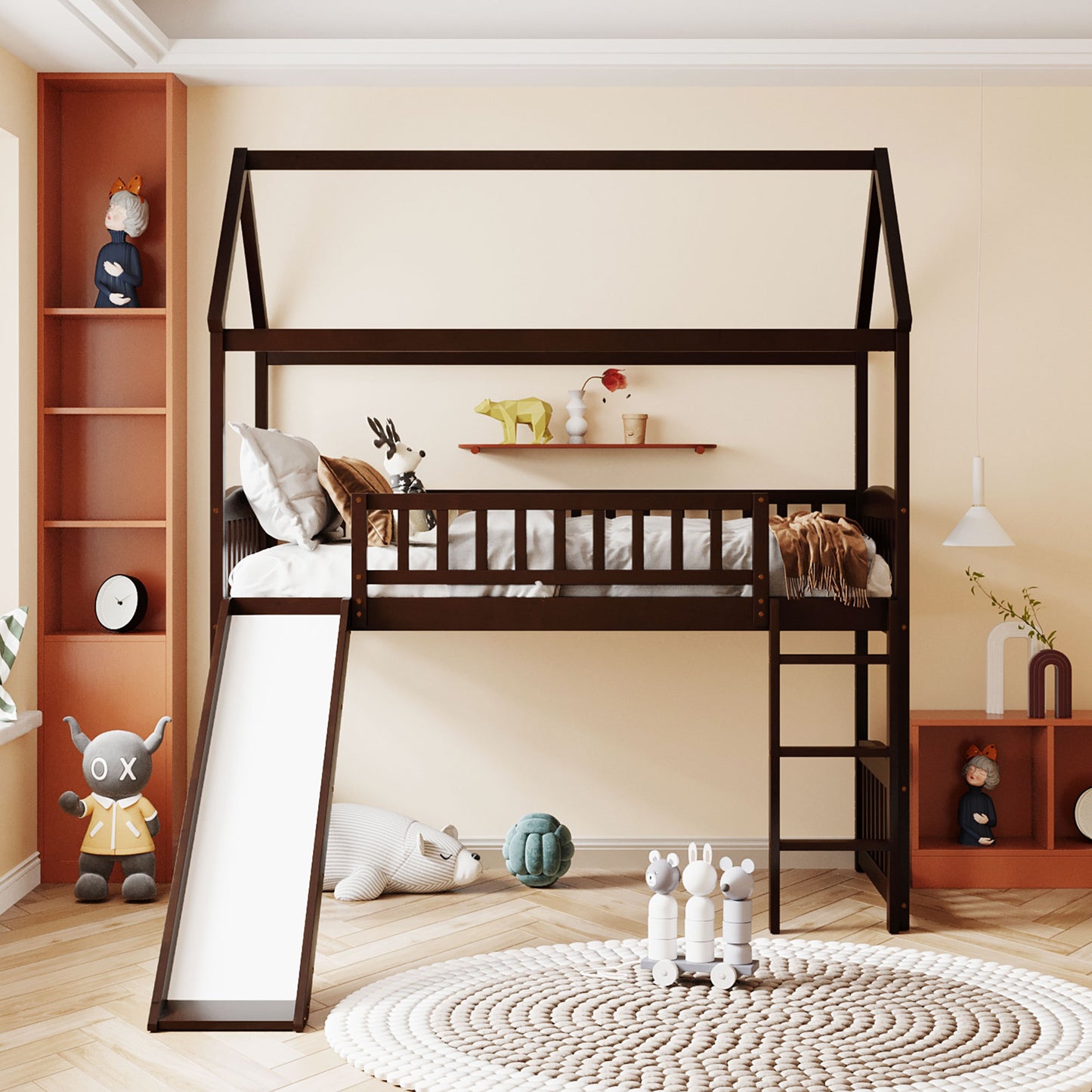 Twin Loft Bed with Slide, House Bed with Slide,Espresso( :LT000212AAP)