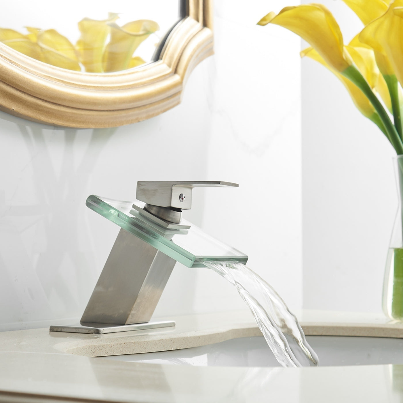 Brushed Nickel Waterfall Bathroom Faucet with Glass Spout