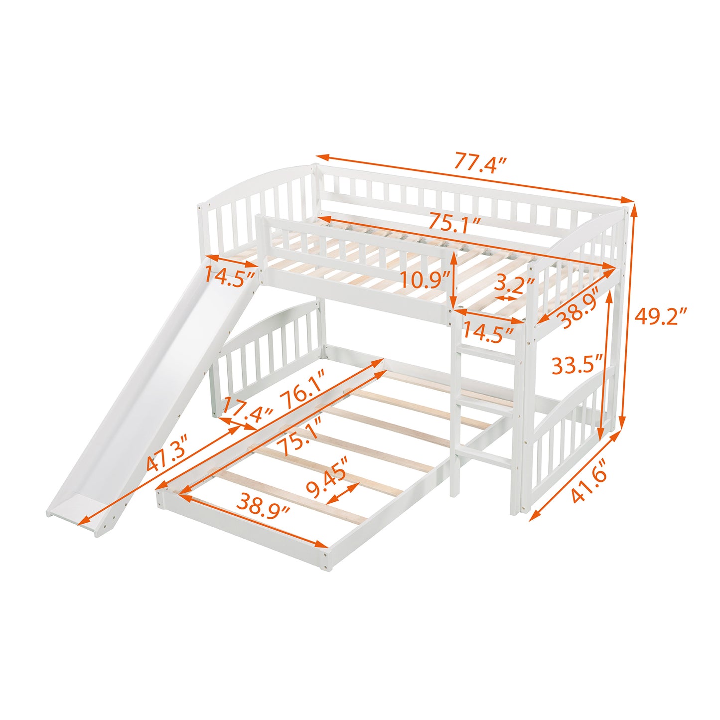 White Twin Bunk Bed with Slide, Ladder, and Space-Saving Design