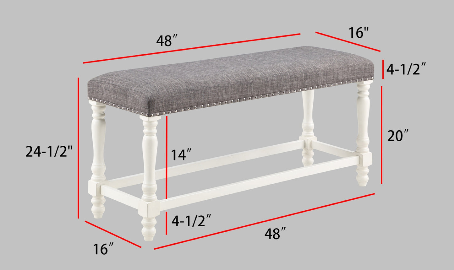 1pc Traditional Style Chalk Gray Finish Counter Dining Height Turned Legs Nailhead Trim Linen Fabric Upholstered Bench Solid Wood Wooden Dining Room Bench