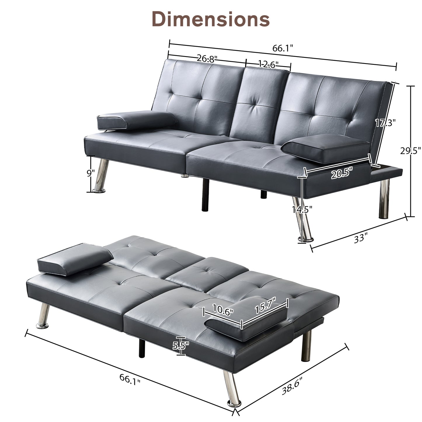 Convertible Sofa Bed Adjustable Couch Sleeper Modern Faux Leather Recliner Reversible Loveseat Folding Daybed Guest Bed, Removable Armrests, Cup Holders, 3 Angles, , Gray