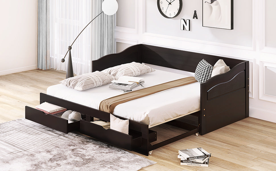 Wooden Daybed with Trundle Bed and Two Storage Drawers , Extendable Bed Daybed,Sofa Bed with Two Drawers, Espresso