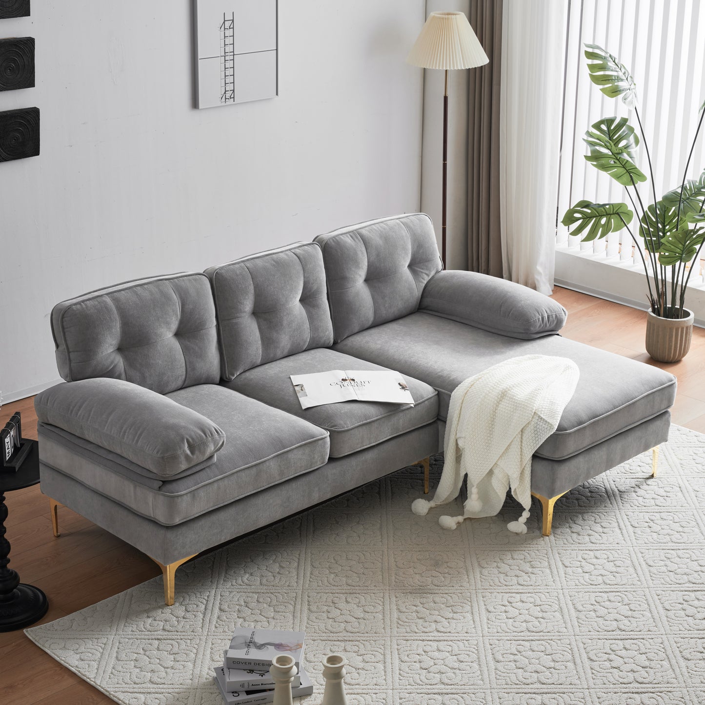 Modern Velvet L-Shaped Sectional Sofa in Light Grey