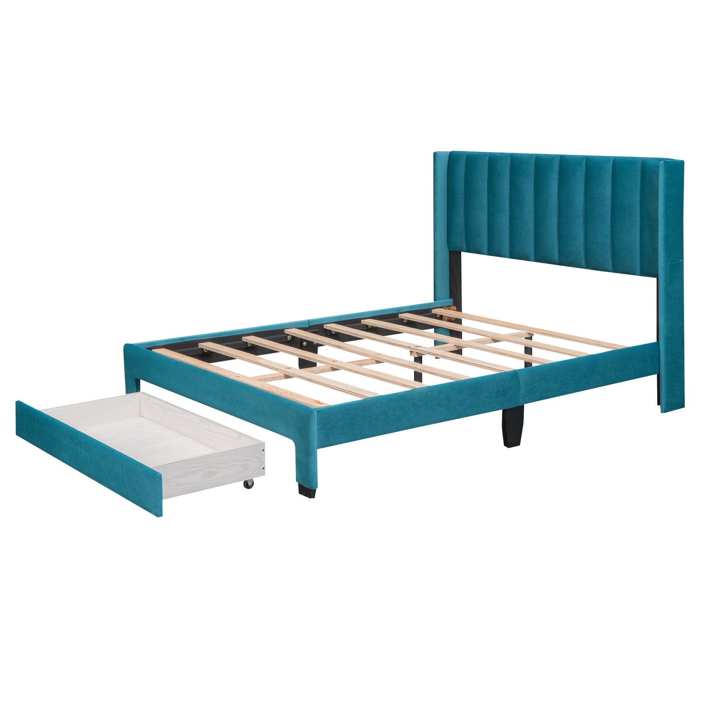 Full Size Storage Bed Velvet Upholstered Platform Bed with a Big Drawer - Blue