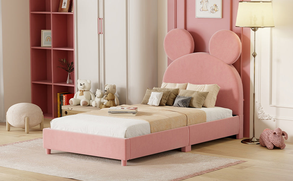 Twin Size Upholstered Platform Bed with Bear Ear Shaped Headboard, Pink