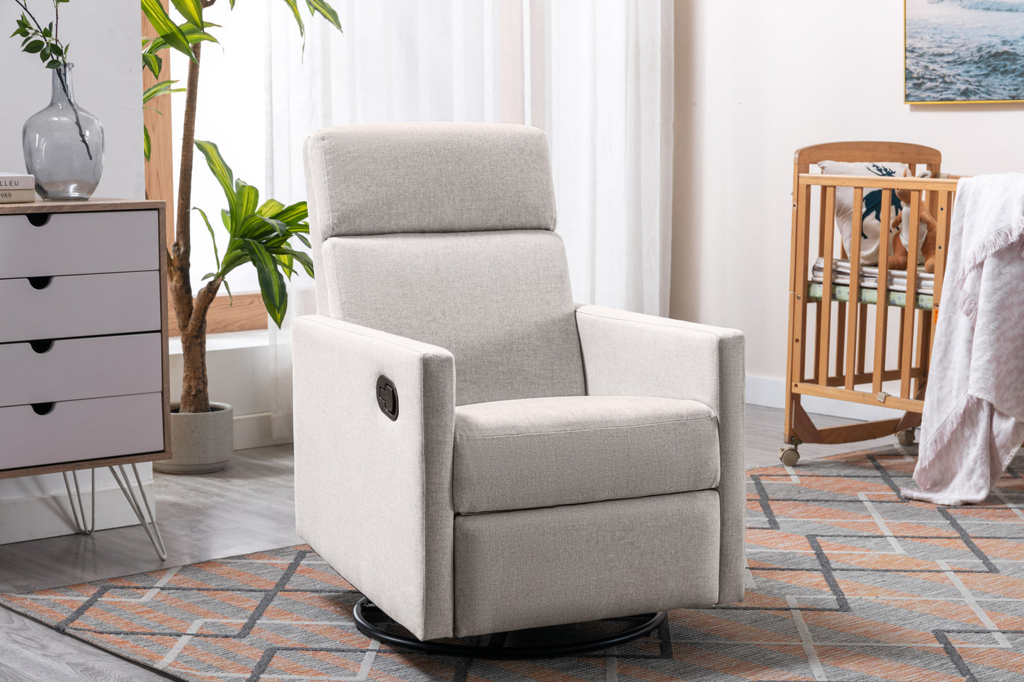 Modern Tan Upholstered Nursery Rocker Chair with Swivel Recliner