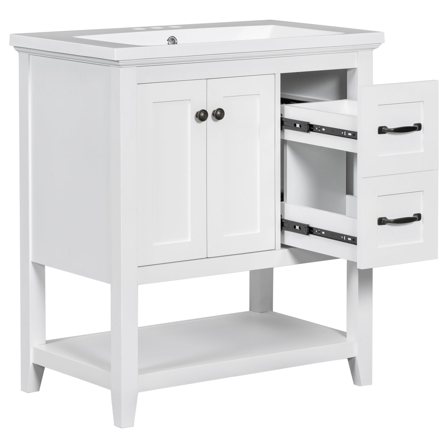 30" Bathroom Vanity with Ceramic Sink Top, Vanity Cabinet with Multi-Functional Drawer, Solid Wood Legs, White