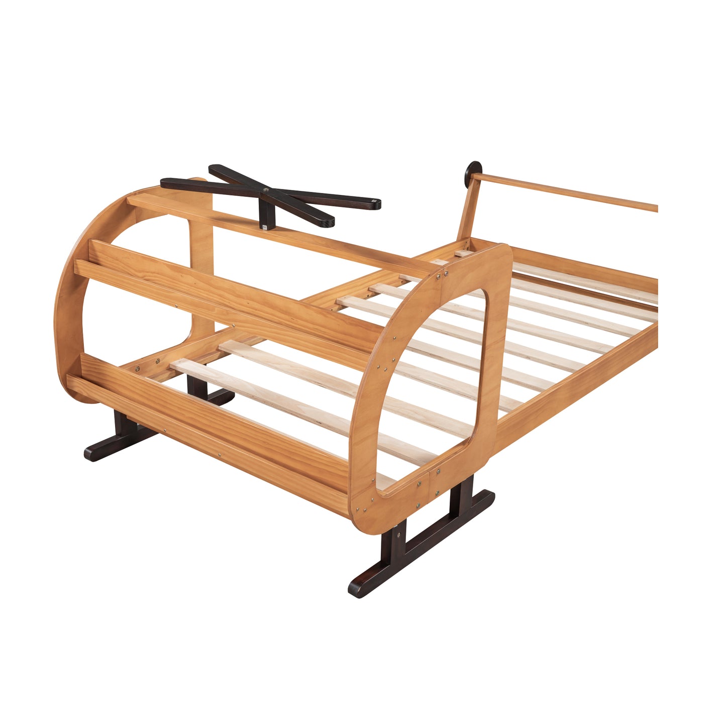 Twin Size Plane Shaped Platform Bed with Rotatable Propeller and Shelves, Natural