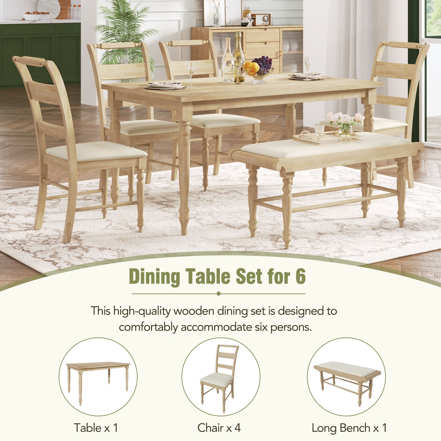 6-peice Dining Set with Turned Legs, Kitchen Table Set with Upholstered Dining Chairs and Bench,Retro Style, Natural