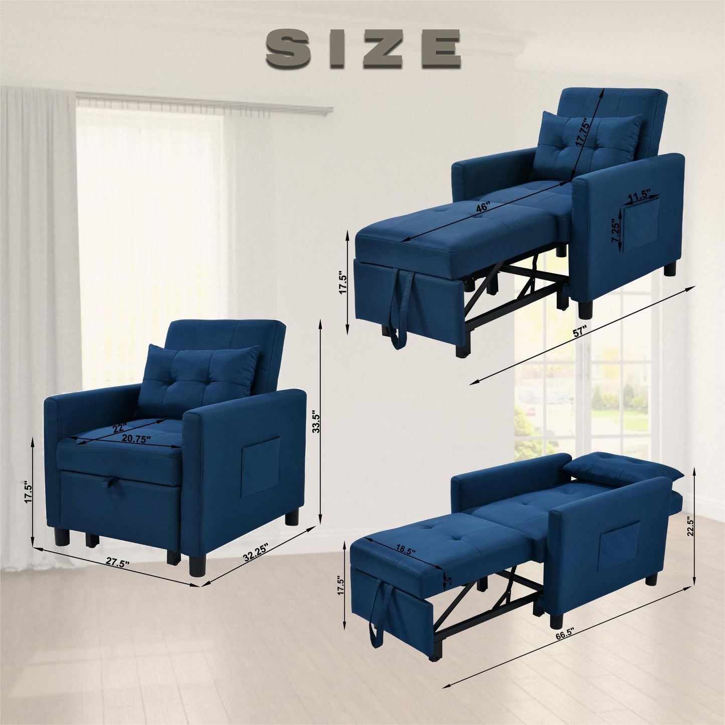 Single Sofa Bed with Pullout Sleeper, Convertible Folding Futon Chair, Lounge Chair Set with 1pc Lumbar pillow, Navy color fabric