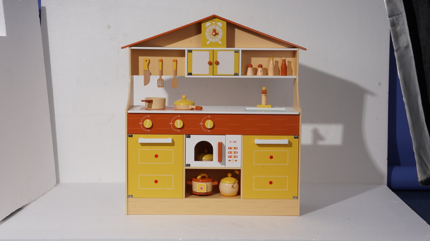 Kid's Wooden Pretend Play Kitchen Set in Yellow, with Cookware and Accessories